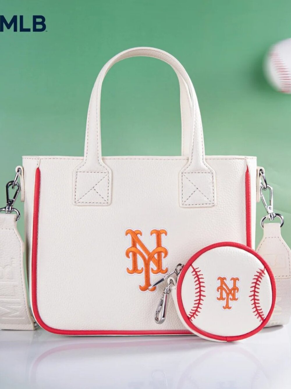 New York Mets Team Tote/Crossbody with Baseball Coin Pouch Beige
